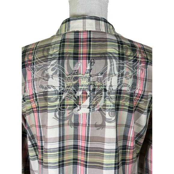 Harley-Davidson Plaid Half Sleeve Zip Up Shirt Women's XL Embroidered Logos Tan - Picture 7 of 11